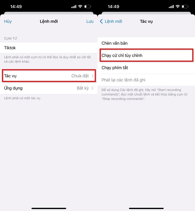 Nhấn chọn Tác vụ để tùy chọn cử chỉ