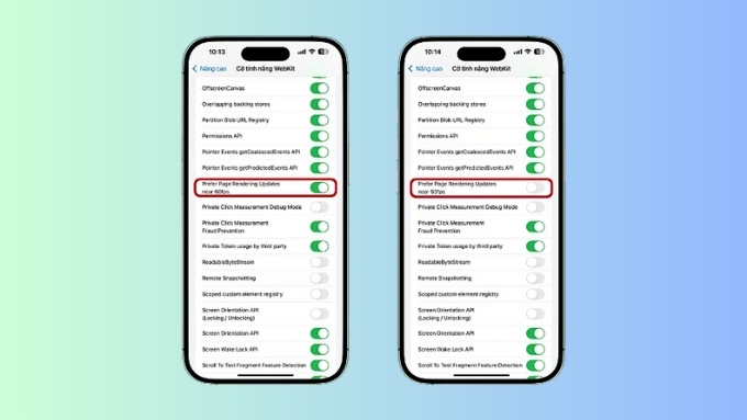 Trong phần WebKit Feature Flags, tìm tùy chọn Prefer Page Rendering Updates near 60fps