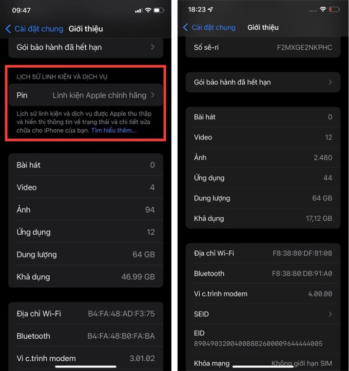 Kiểm tra iPhone bị thay linh kiện thông qua Cài đặt