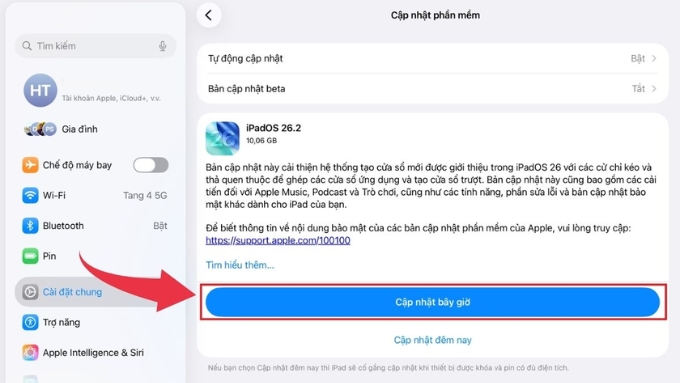 Cập nhật phiên bản iOS mới nhất để khắc phục iPad không nhận SIM
