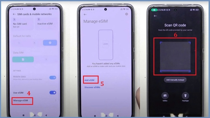 Chọn thêm eSIM và quét mã QR từ nhà cung cấp dịch vụ
