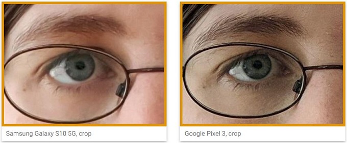 Phóng to ảnh chụp bằng camera selfie S10 5G và Pixel 3