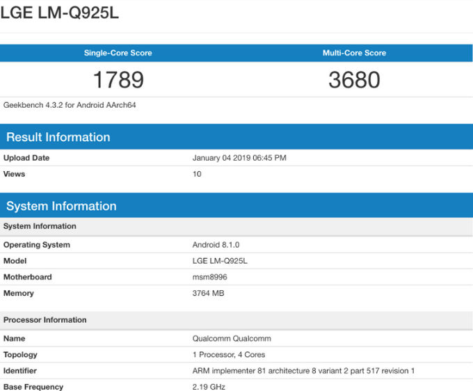Điểm benchmark trên Geekbench của LG Q9