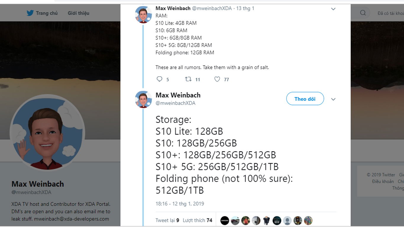 Bộ nhớ lưu trữ dòng Galaxy S10 vừa được hé lộ với nhiều phiên bản tùy chọn