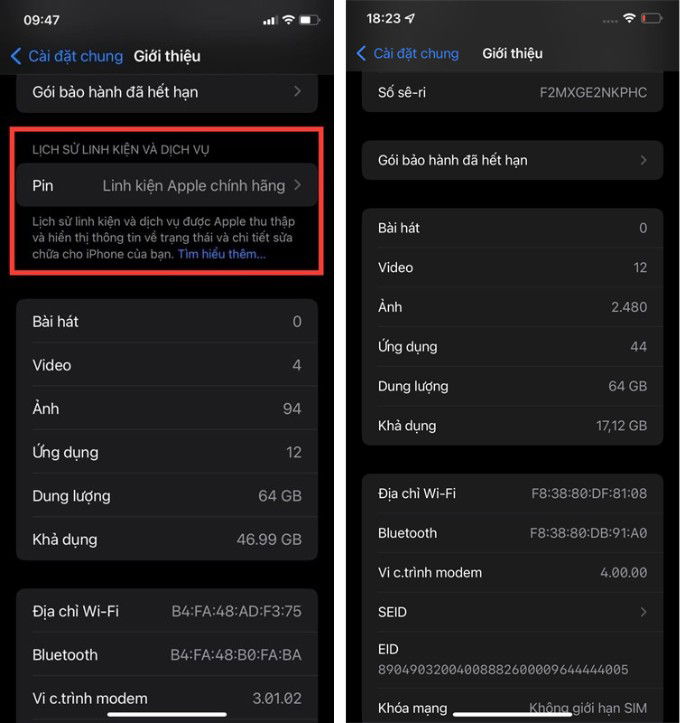 Kiểm tra iPhone bị thay linh kiện thông qua Cài đặt