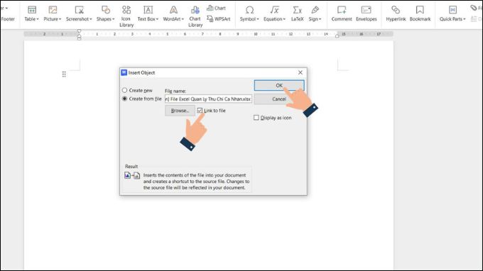 Cách chèn bảng Excel vào Word bằng lệnh Insert