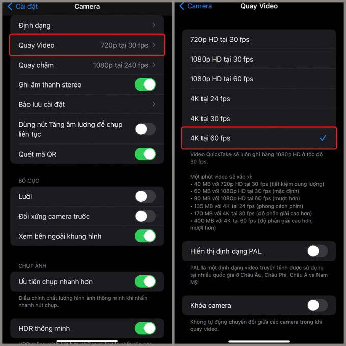 Chỉnh độ phân giải khi quay video trên iPhone