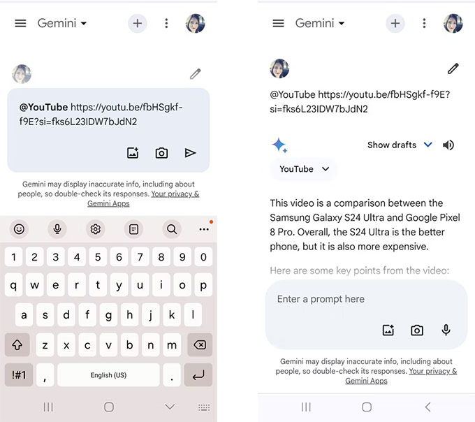 Yêu cầu Gemini phân tíc video trên YouTube
