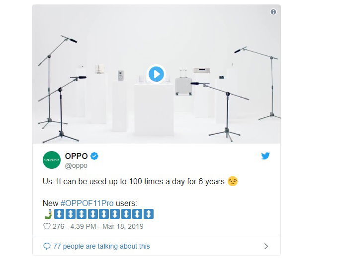 Đoạn Twitter về độ bền của Oppo F11 Pro