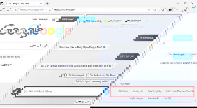 Nhập câu hỏi để trò chuyện với Bing AI trên máy tính