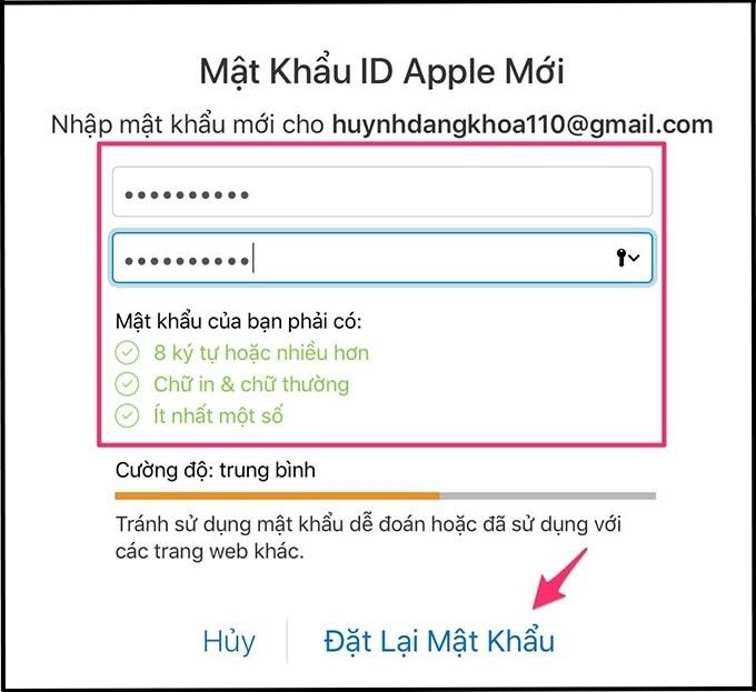 Nhập mật khẩu mới cho tài khoản iCloud
