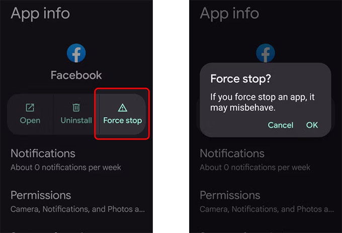 Tắt và khởi động lại ứng dụng Facebook
