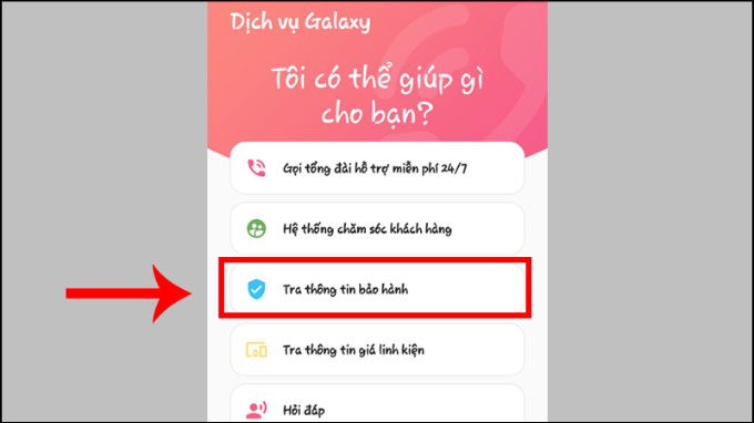 Bước 1 kiểm tra bảo hành qua ứng dụng quà tặng Galaxy
