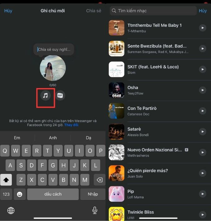 Cách để nhạc trên ghi chú Messenger