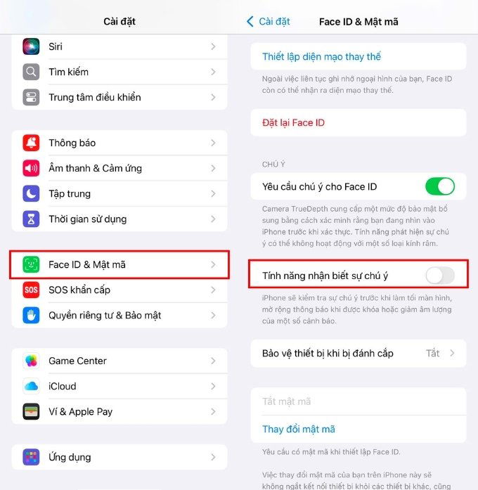 Tắt tính năng Nhận biết sự chú ý