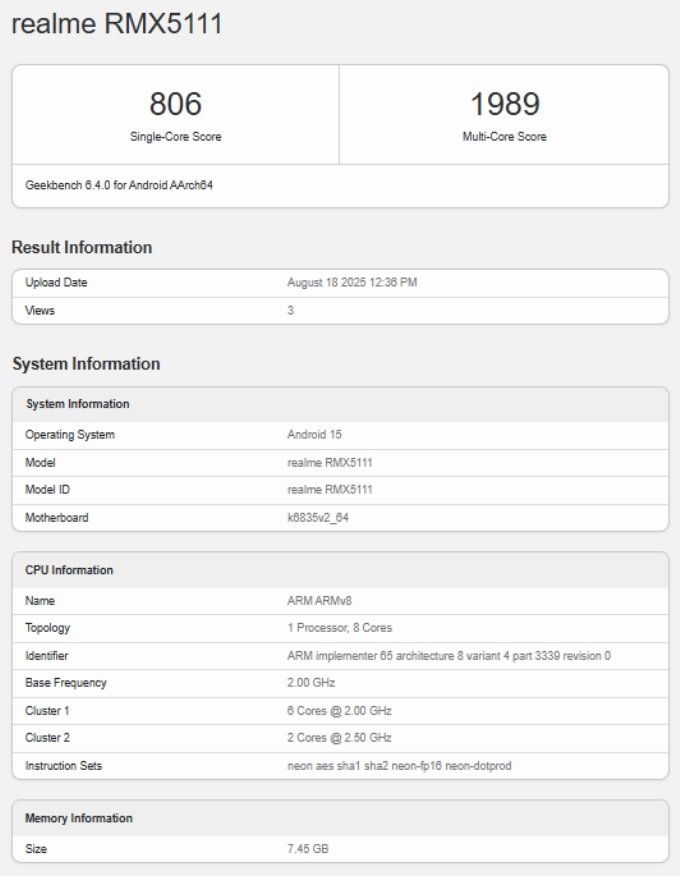 Realme 15T 5G xuất hiện trên Geekbench