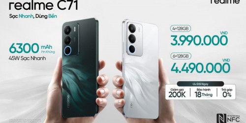 Realme C71 ra mắt tại Việt Nam: pin 6.300mAh, Giấy phép hoạt động của thương hiệu 007Win 45W, App 007Win hỗ trợ đa dạng nền tảng 725 nit và giá từ 3.99 triệu đồng