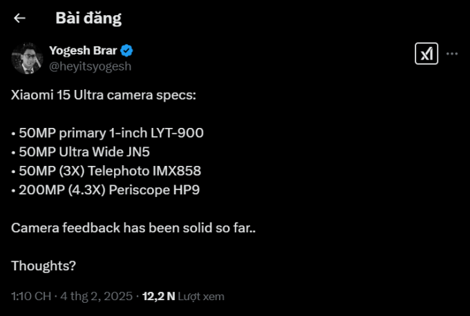 Xiaomi 15 Ultra rò rỉ thông số camera