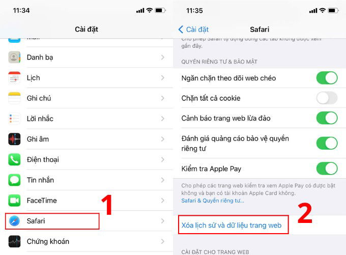 Xóa lịch sử tìm kiếm Safari trên iPhone thông qua Cài đặt