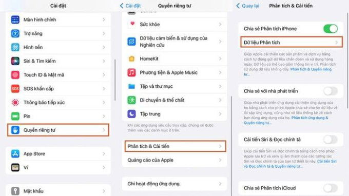 Kiểm tra pin iPhone qua mục Phân tích & Cải tiến