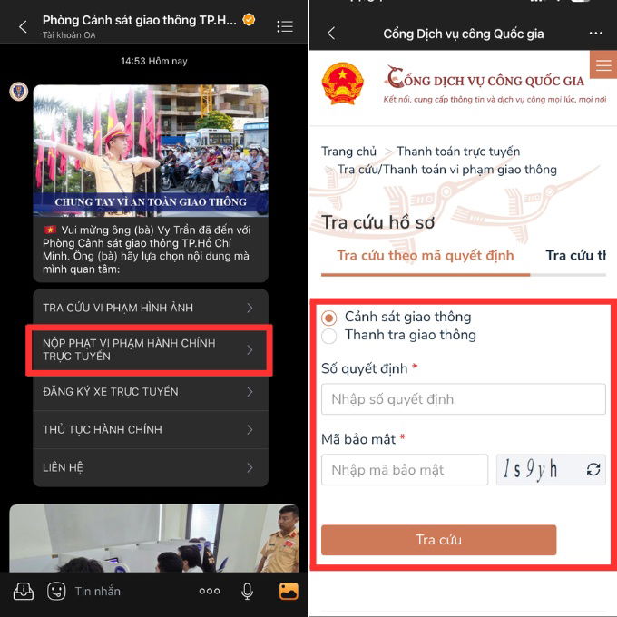 Cách nộp phạt vi phạm hành chính trực tuyến trên Zalo