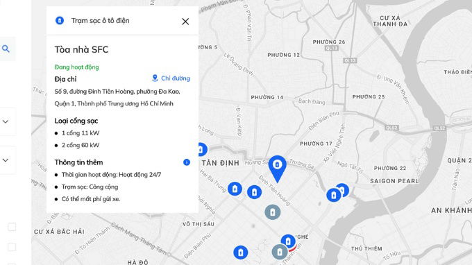 Tìm trạm sạc xe điện trên website