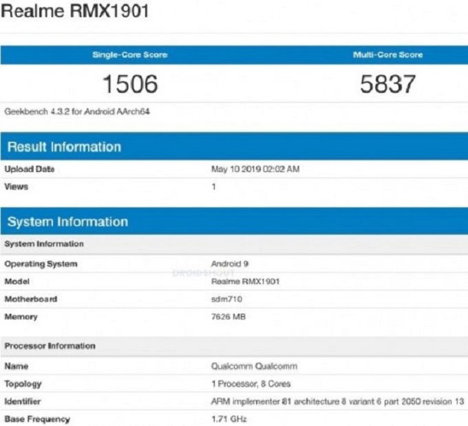 Realme X sẽ sử dụng bộ vi xử lý Snapdragon 710 với 8GB RAM