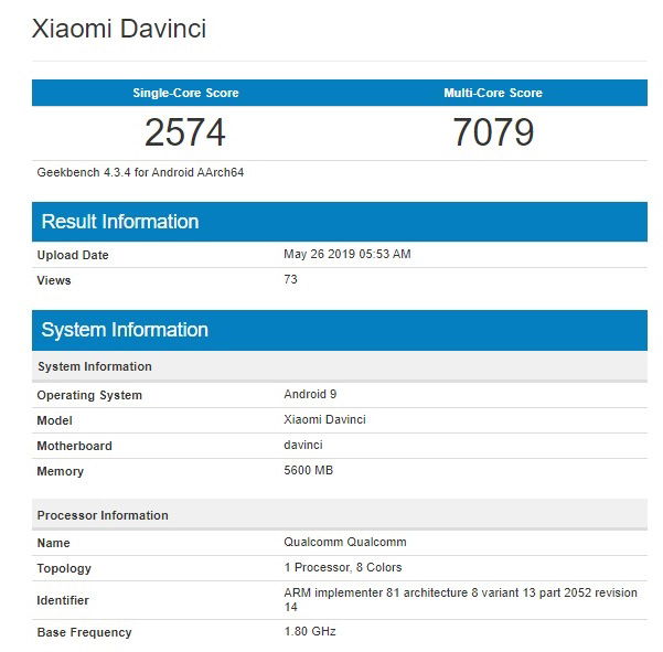 Redmi K20 lộ điểm hiệu năng trên Geekbench với chip Snapdragon 730