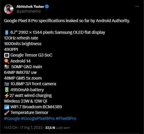 Tin đồn của Google Pixel 8 Pro