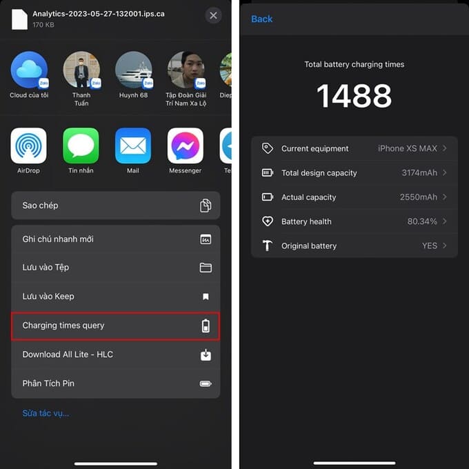 Kết quả kiểm tra số lần sạc trên iPhone