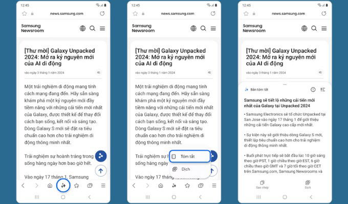 Nhận bản tóm tắt của trang web trên Galaxy S24 và Galaxy S23