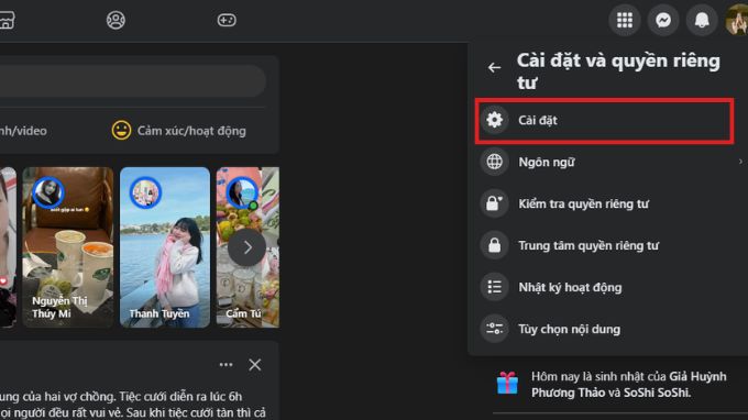Vào Cài đặt và Quyền riêng tư trên Facebook
