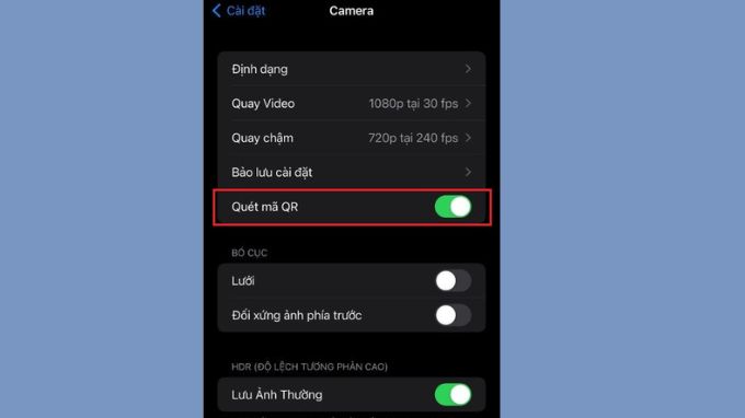 Kích hoạt tính năng Bật quét mã QR