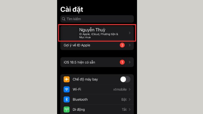 Vào Cài đặt trên iPhone chọn tài khoản Apple ID