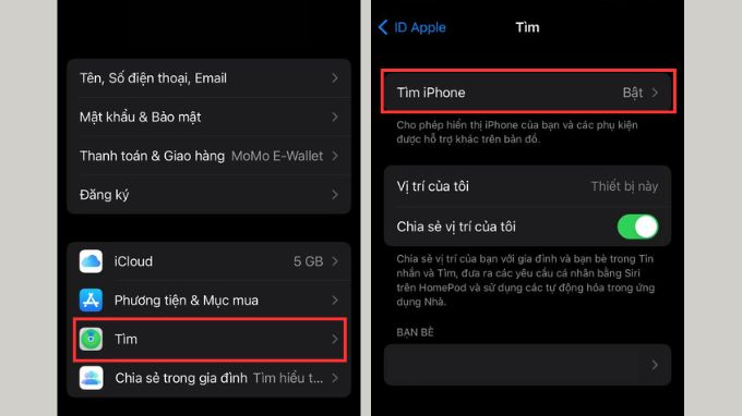 Chọn mục Tìm iPhone