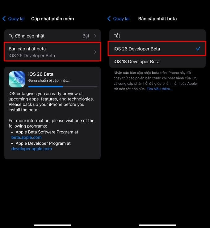 Bước 2: Kích hoạt và cài đặt iOS 26 beta