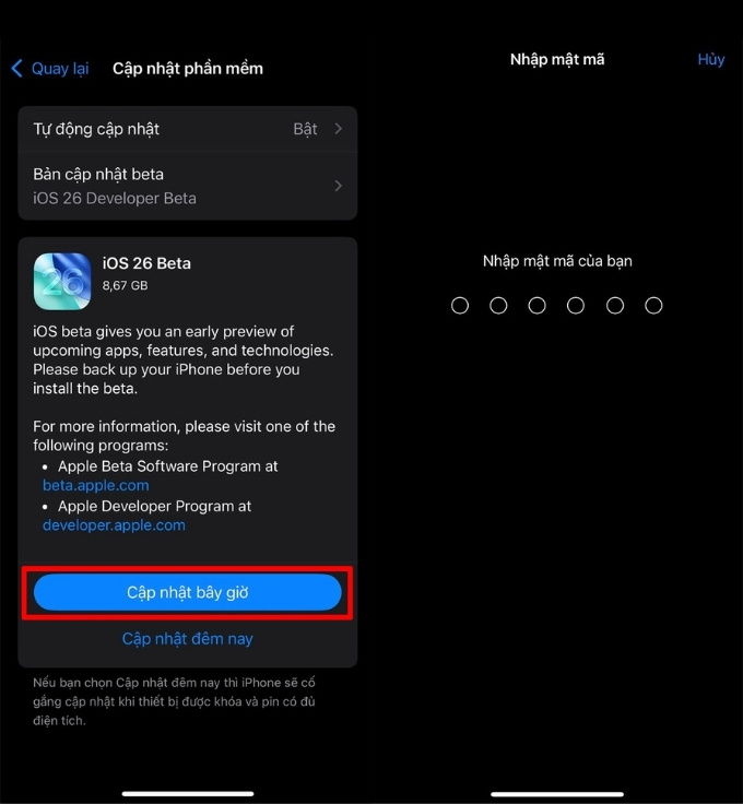 Khi bản iOS 26 beta xuất hiện, hãy nhấn nút Cài đặt bây giờ