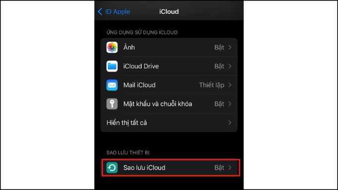 Bật sao lưu iCloud trên iPhone