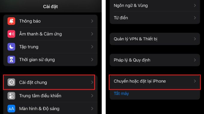 Vào cài đặt chung chọn Chuyển và đặt lại iPhone