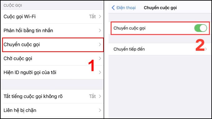 Nhấn vào mục chuyển tiếp cuộc gọi và gạt công tắt