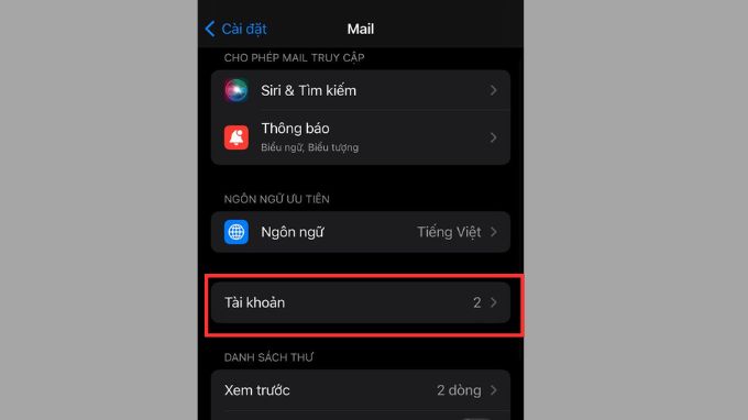 Chọn mục tài khoản