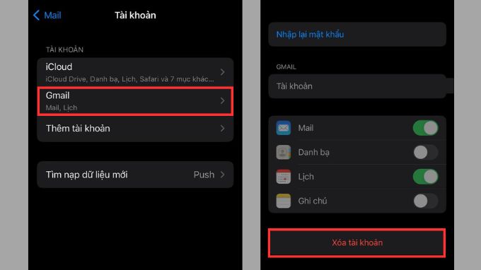 Chọn mục Gmail và nhấn xóa tài khoản để đăng xuất