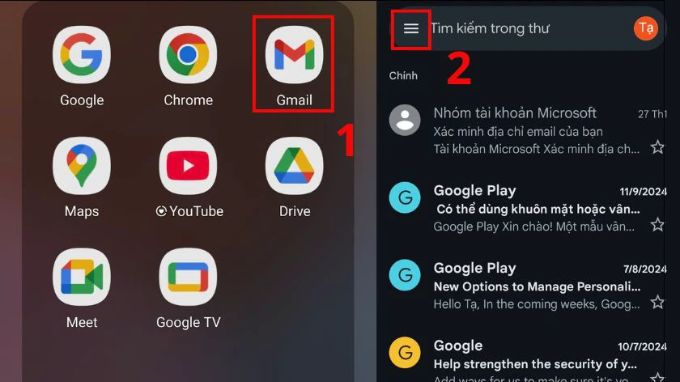 Mở úng dụng Gmail và chọn vào biểu tượng ba gạch