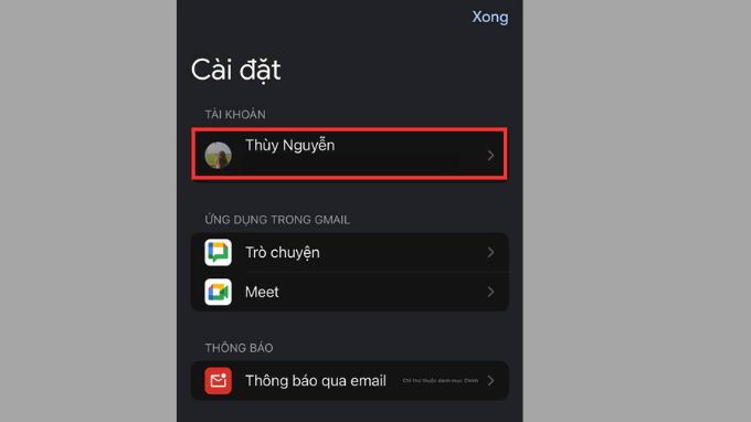 Chọn vào mục tài khoản