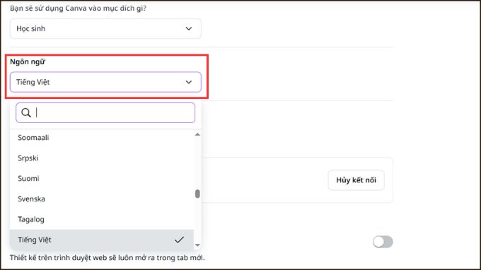 Chọn ngôn ngữ cần đổi trên Canva