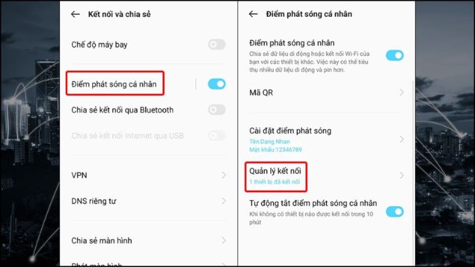 Nhấn vào Điểm phát sóng cá nhân, rồi chọn Quản lý kết nối
