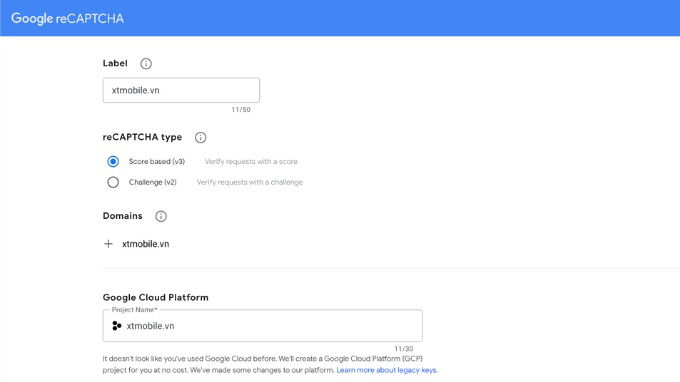 Đăng ký API key trên Google reCAPTCHA Admin Console