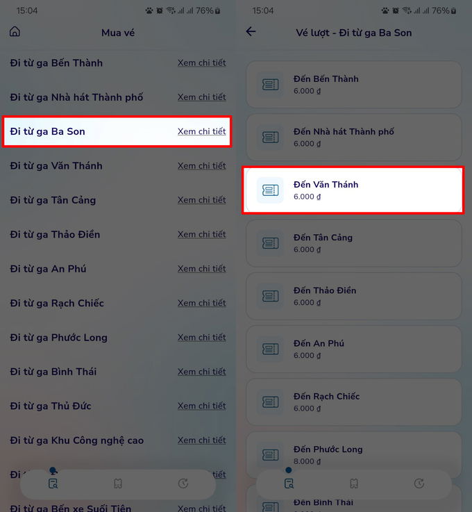 Mua vé theo từng nhà ga