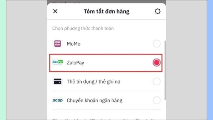 Chọn phương thức thanh toán Zalo Pay