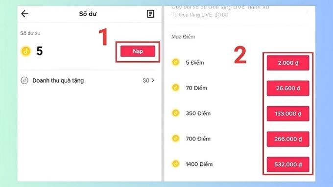 Chọn số xu cần nạp lên TikTok